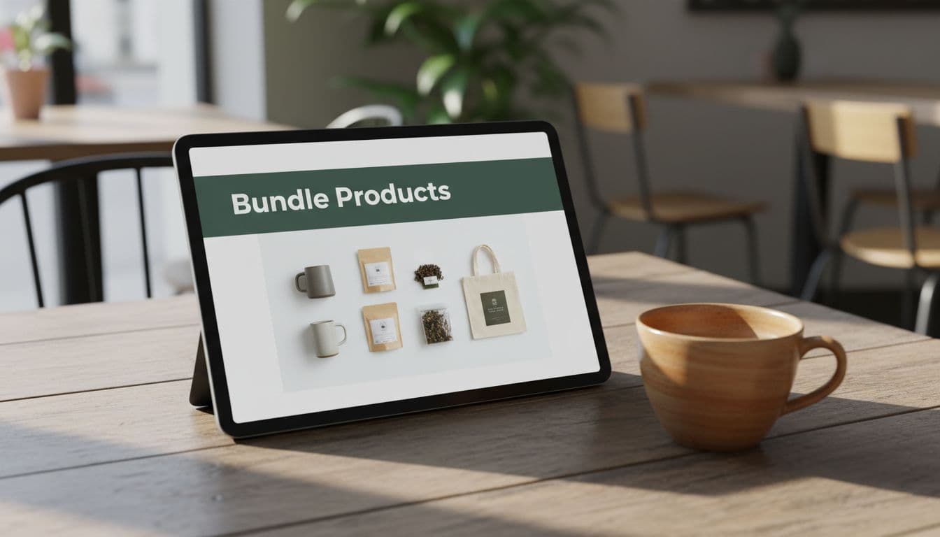 E-commerce checkout screen on a tablet displaying a bundled product offer with small items, set on a wooden cafe table beside a coffee cup in soft daylight.