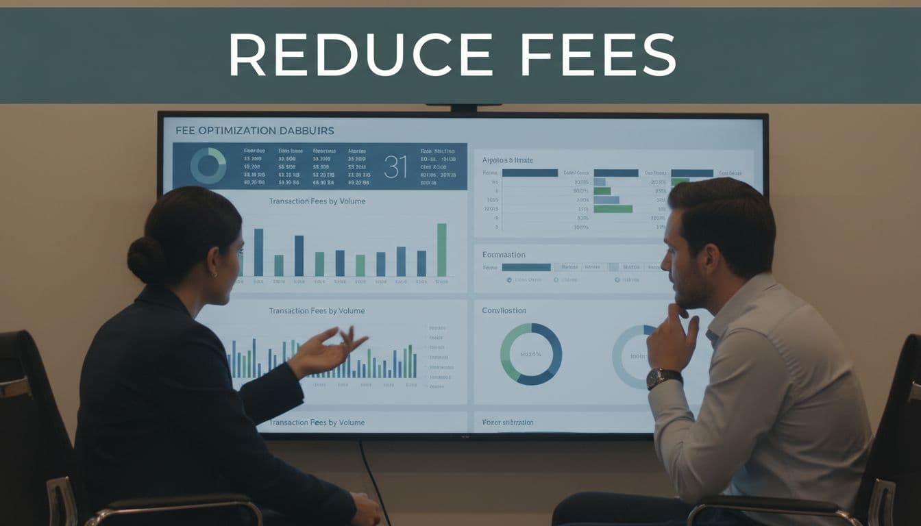 A professional team in a modern conference room analyzes a fee optimization dashboard displayed on a large screen, with one person pointing relaxedly at chart data during a group discussion under warm ambient lighting. A muted dark-green banner at the top prominently displays 'Reduce Fees' in bold white text.
