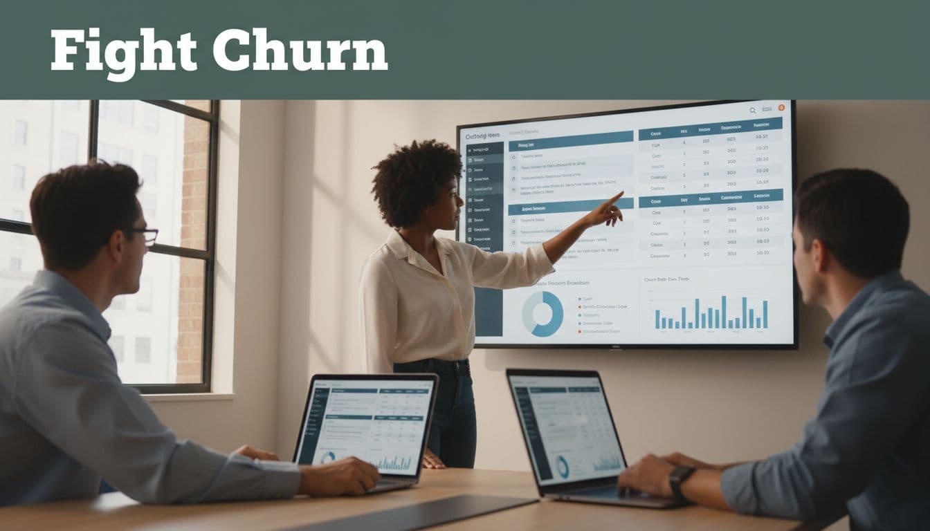 Team in meeting room examines client profiles and lapse reasons on laptop dashboard topped with 'Fight Churn' green band.