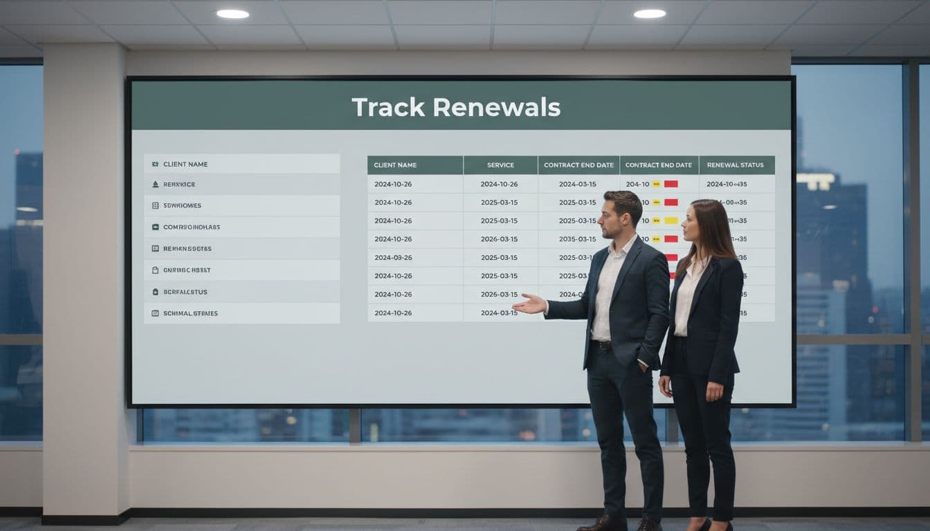 Two people stand in modern office viewing large screen with client dashboard showing renewal dates and alerts under 'Track Renewals' header.