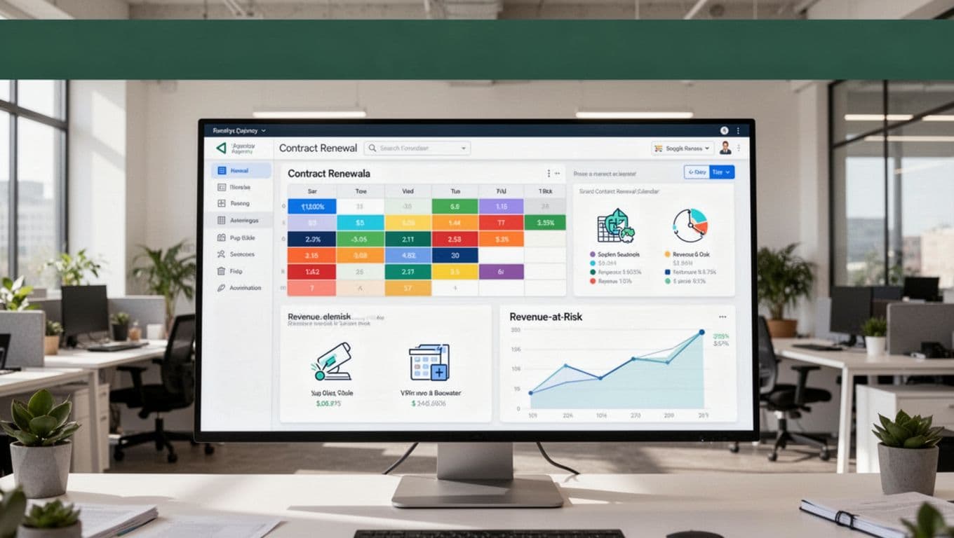 Clean dashboard interface on a large monitor in an agency office, showing contract renewal calendar with color-coded statuses and revenue at risk graph in modern flat design.