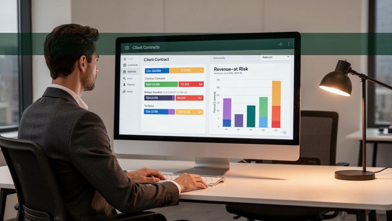A focused agency professional at a sleek desk in a contemporary office views a large computer screen displaying a dashboard with color-coded client contract statuses and a revenue-at-risk bar chart, under warm desk lamp lighting in a minimalist setup.