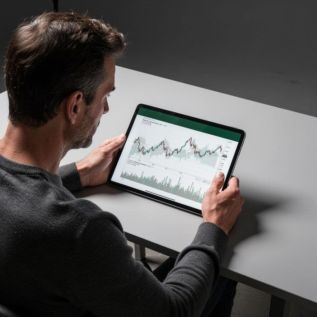 A person reviews financial performance charts on a tablet screen while working at a minimalist desk.