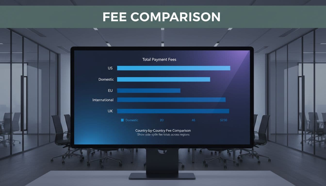 Bar chart on a modern analytics dashboard monitor in a conference room, comparing total fees for domestic and international payments across US, EU, and UK. Bold editorial style with 'Fee Comparison' headline in a muted dark-green top band, subtle shadows, cool lighting, and clean data visualization.