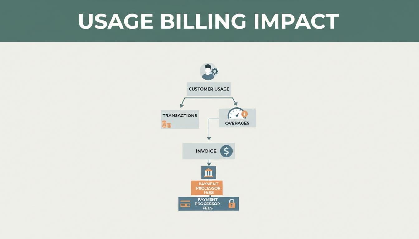 Bold editorial image with 'Usage Billing Impact' headline on a muted dark-green band, featuring a centered flowchart illustrating usage-based billing flow from customer usage to invoice and stacking payment processor fees with transaction, overage, and fee icons in neutral flat style.