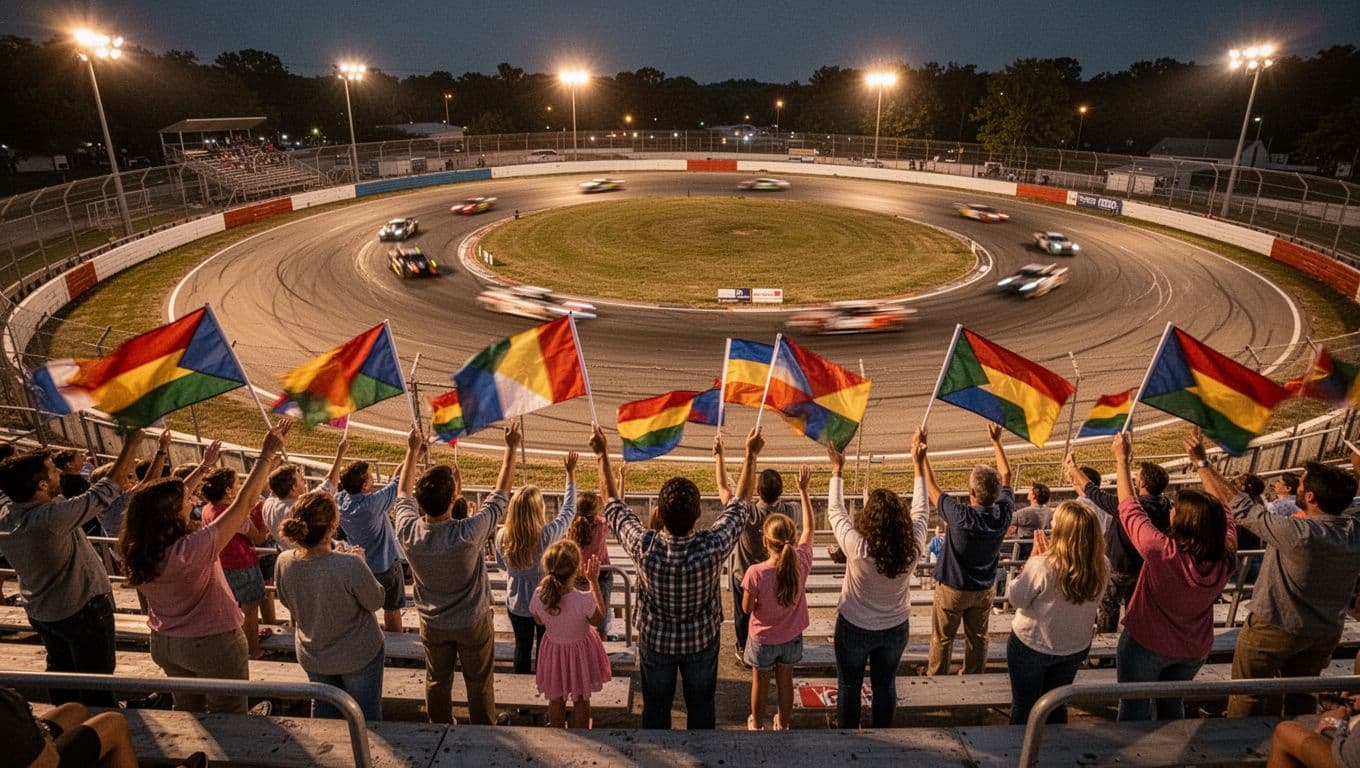 Grandstands filled with fans waving sponsor flags and cheering at night stock car race, blurred cars on distant oval.