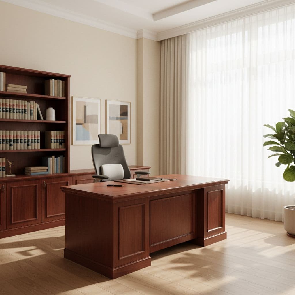 Bright organized law office with wooden desk, comfortable chair, and sunlight through window.