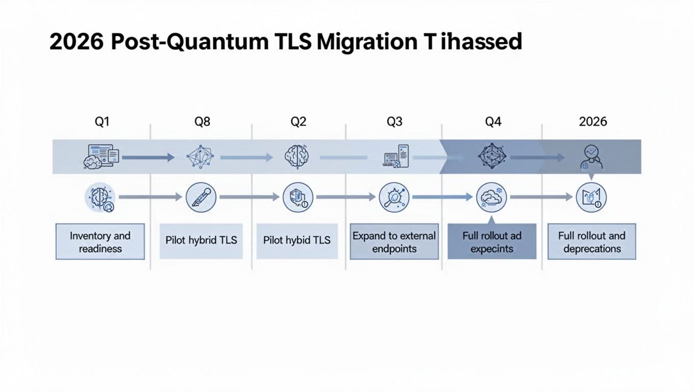 Clean technical enterprise IT vector diagram on white background depicting a horizontal 2026 post-quantum TLS migration timeline from Q1 to Q4 with milestones: Inventory and readiness, Pilot hybrid TLS, Expand to external endpoints, Full rollout and deprecations.