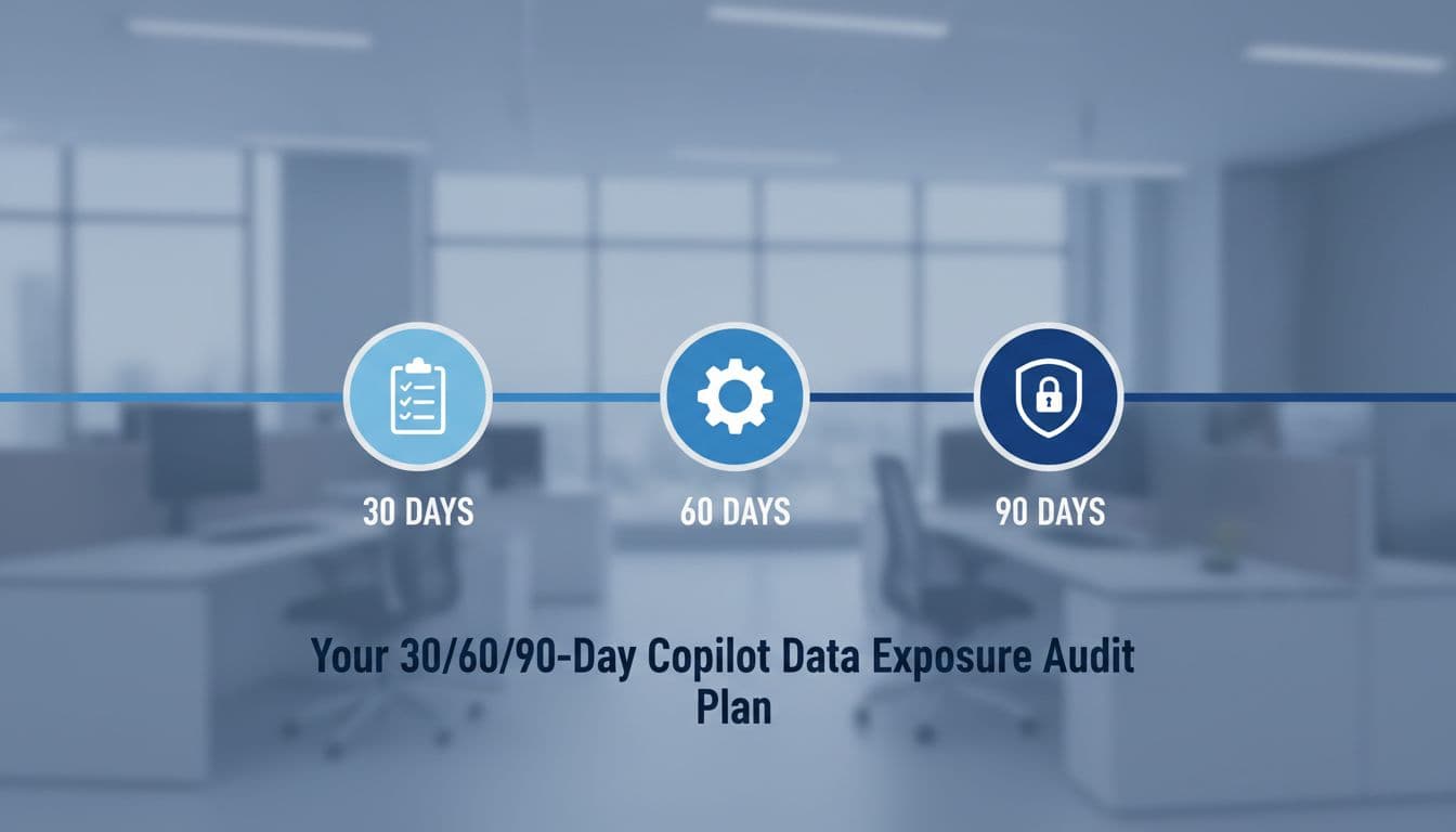 Illustrative horizontal timeline for a 30-60-90 day Copilot data exposure security audit plan, featuring clean vector icons of a checklist at 30 days, review gear at 60 days, and secure lock shield at 90 days against a subtle office background in neutral blue and gray tones.