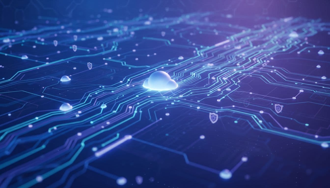 Wiz Pricing in 2026: A Practical Guide for Cloud Teams 1 Glowing digital nodes connected by lines form an abstract representation of a secure network infrastructure.