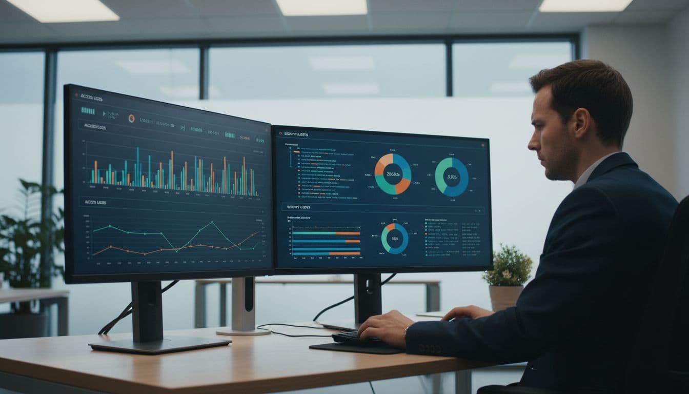Google Workspace Security Audit Checklist for 2026 Admin Teams 1 An admin team member sits at a modern office desk, intently reviewing the Google Workspace security dashboard on dual monitors displaying access logs and alerts. The realistic scene features soft office lighting and a focused expression, with exactly one person visible.