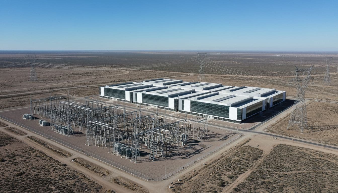 Aerial photograph of a large modern data center adjacent to high-voltage power transmission lines and substation, featuring electrical towers and transformers under a clear sky in realistic style.