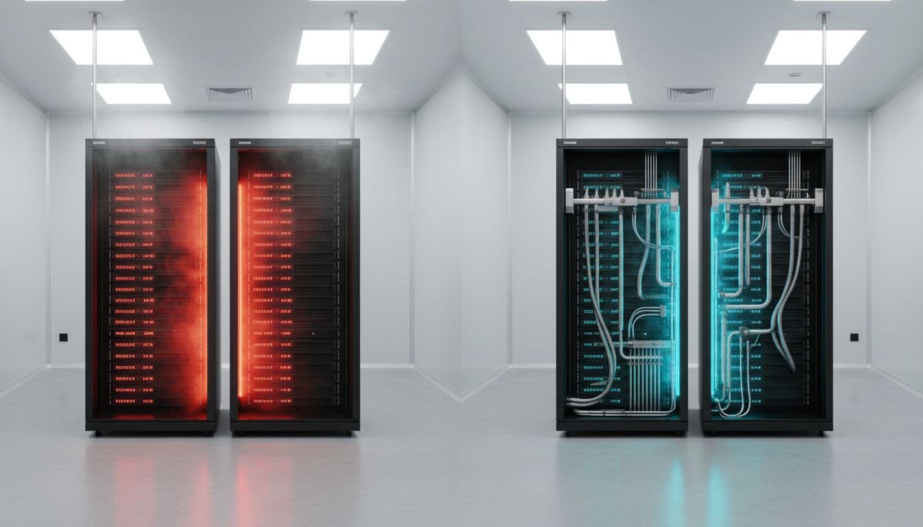 Liquid Cooling Retrofit Costs for AI Datacenters in 2026 1 Side-by-side photorealistic view of modern AI datacenter racks: left side air-cooled with visible overheating and heat distortion, right side liquid-cooled with coolant tubes, hoses, and manifolds in an industrial clean room.