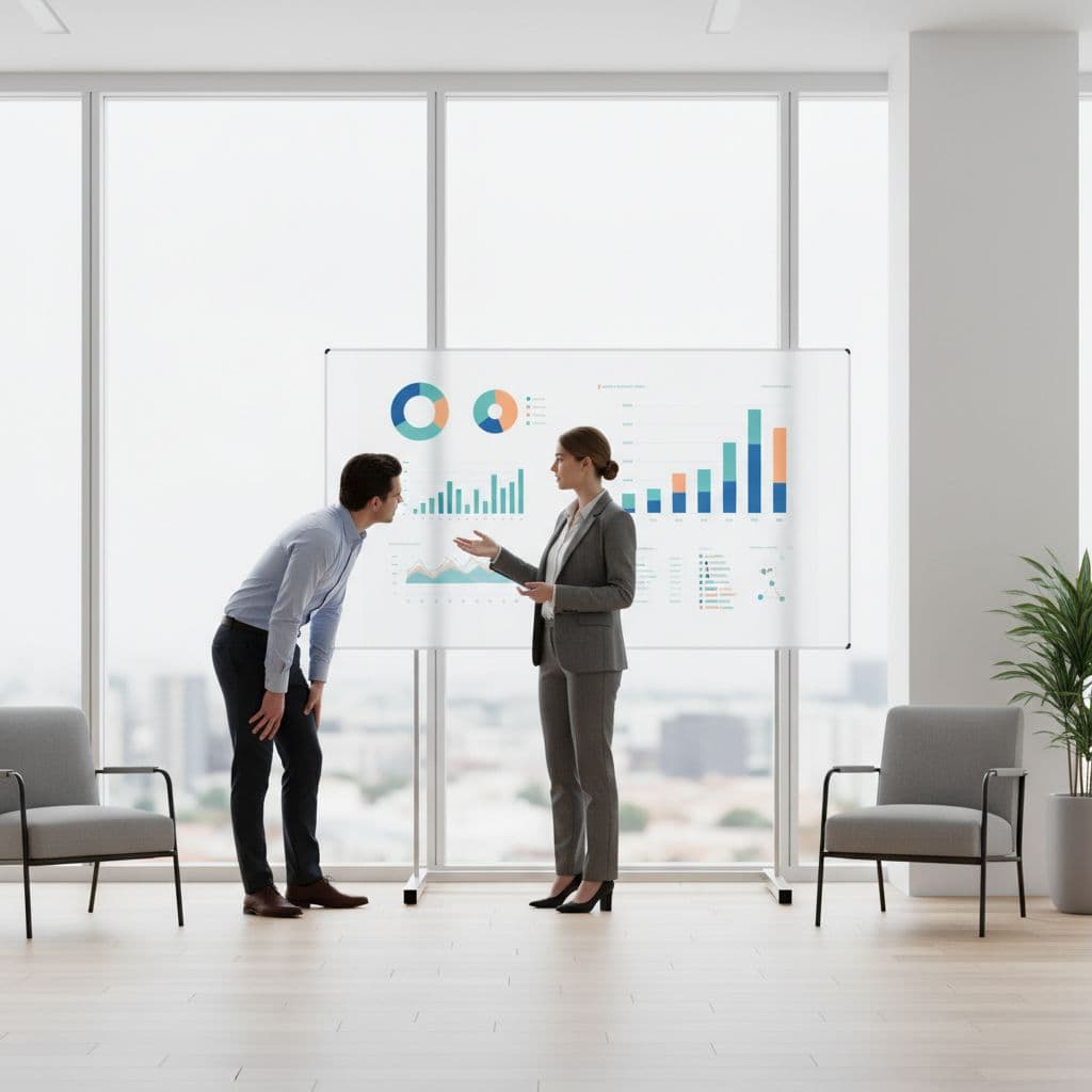 Two professionals discuss a chart on a modern digital whiteboard in a bright office.