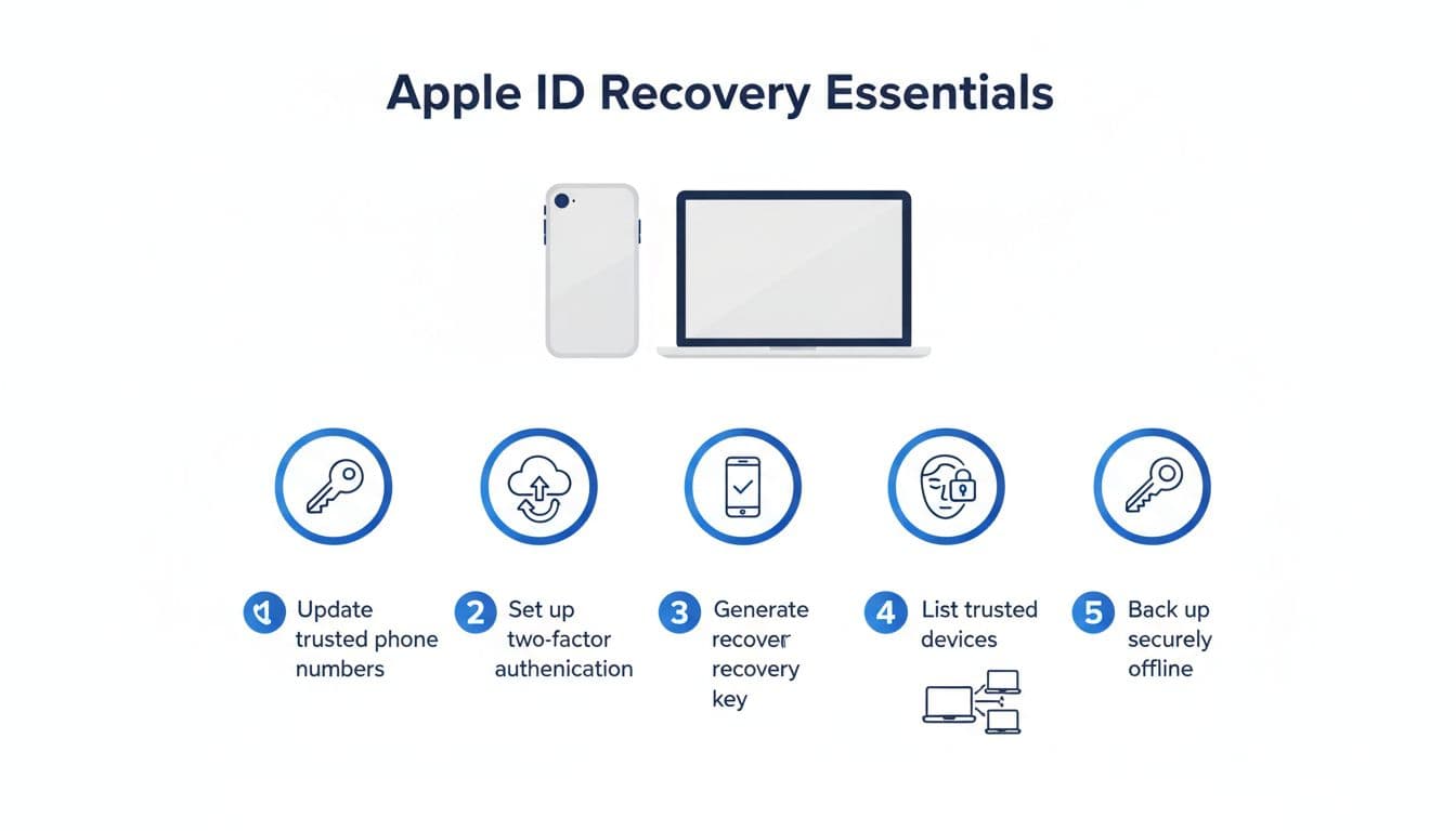 A clean, modern infographic illustrating preparation steps for Apple ID recovery, featuring an iPhone, MacBook, and icons for key, cloud, phone, and Face ID, with numbered steps 1-5.