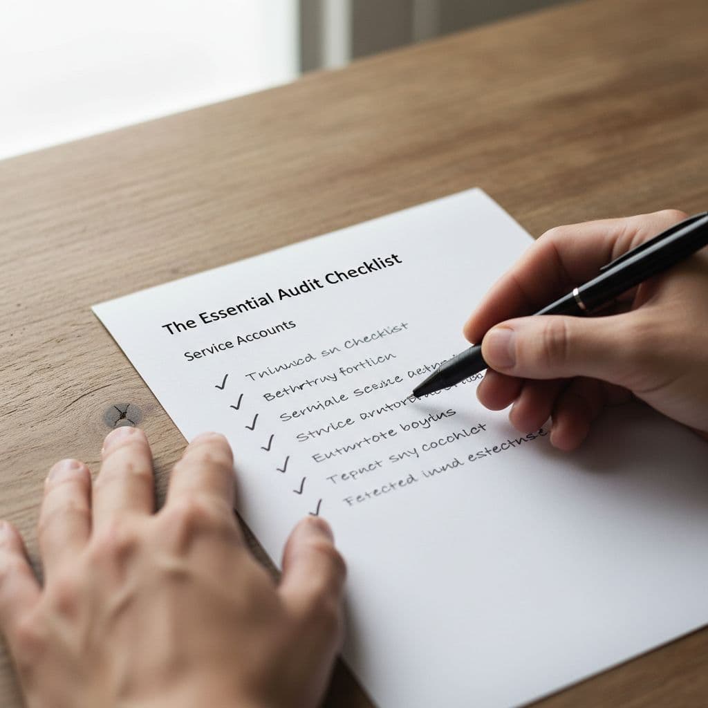 Close-up of a checklist on a wooden desk with a pen marking audit steps for service accounts, soft natural lighting, realistic photo.