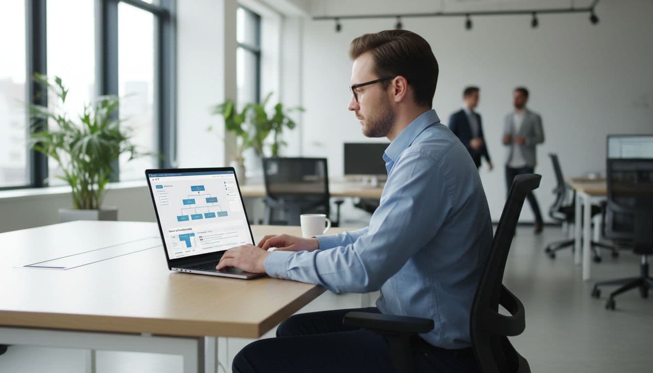 AWS SCP Audit Checklist for 2026 Multi-Account Environments 2 An auditor intently reviews AWS console SCP policies displayed on a laptop screen showing the Organizations dashboard in a modern office, with relaxed hands on the keyboard and natural lighting.
