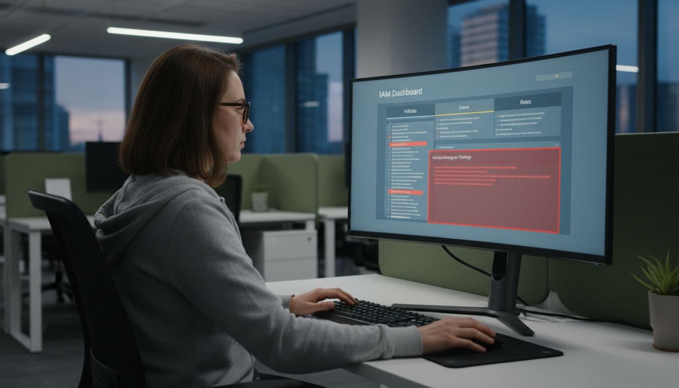 AWS IAM Audit Checklist for 2026 That Finds Real Privilege Creep 1 A single analyst in a modern office views the AWS IAM dashboard screen showing policies list with access analyzer findings highlighted in red, captured from a side angle focusing on the monitor and keyboard under soft lighting.