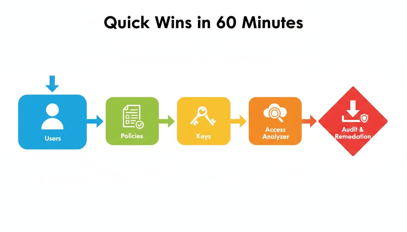 AWS IAM Audit Checklist for 2026 That Finds Real Privilege Creep 2 Illustrative flowchart showing checklist steps for auditing AWS IAM privilege creep using icons for users, policies, keys, and access analyzer on a clean white background with bright colors and no text labels.