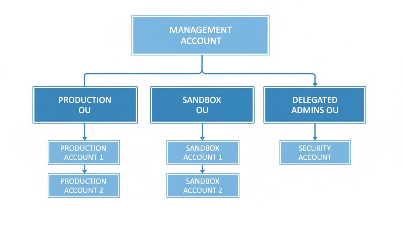 AWS SCP Audit Checklist for 2026 Multi-Account Environments 1 Simple flowchart diagram of AWS Organizations multi-account structure, featuring management account, OUs for production, sandbox, and delegated admins with nested accounts, in blue and white color scheme.