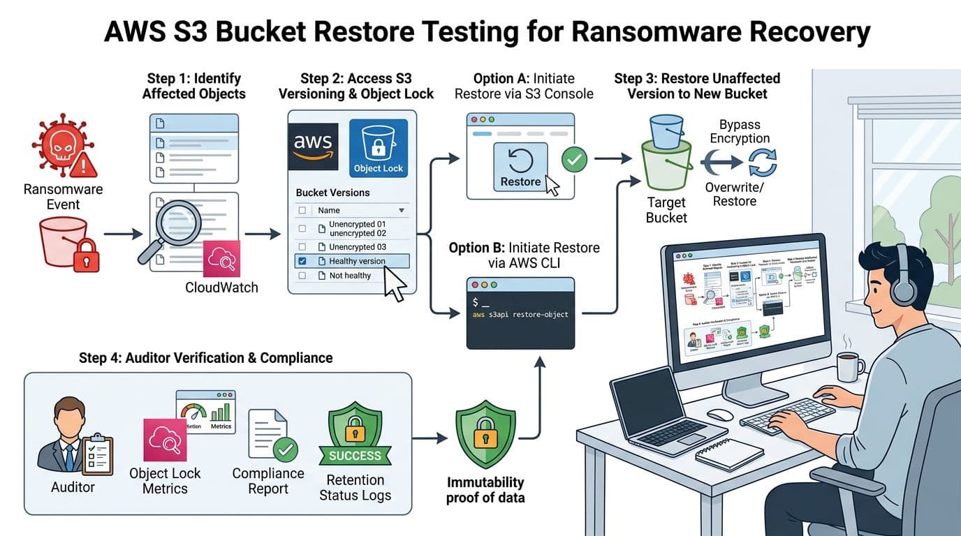 Professional illustration of AWS S3 bucket restore testing flow for ransomware recovery, depicting locked Object Lock bucket versions list, object selection, restore to new bucket bypassing encryption, and auditor verification with compliance reports, metrics, and logs in a simple flowchart style with AWS icons and an admin at a desk.