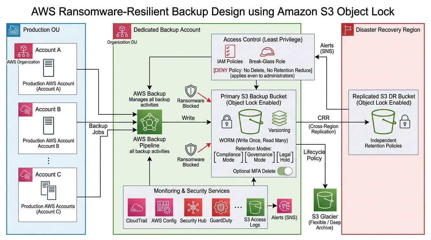Professional vector-style technical diagram of AWS ransomware-resilient backup design using Amazon S3 Object Lock, including production accounts, backup pipelines, WORM versioning, replication to DR region, IAM controls, monitoring, and lifecycle policies.