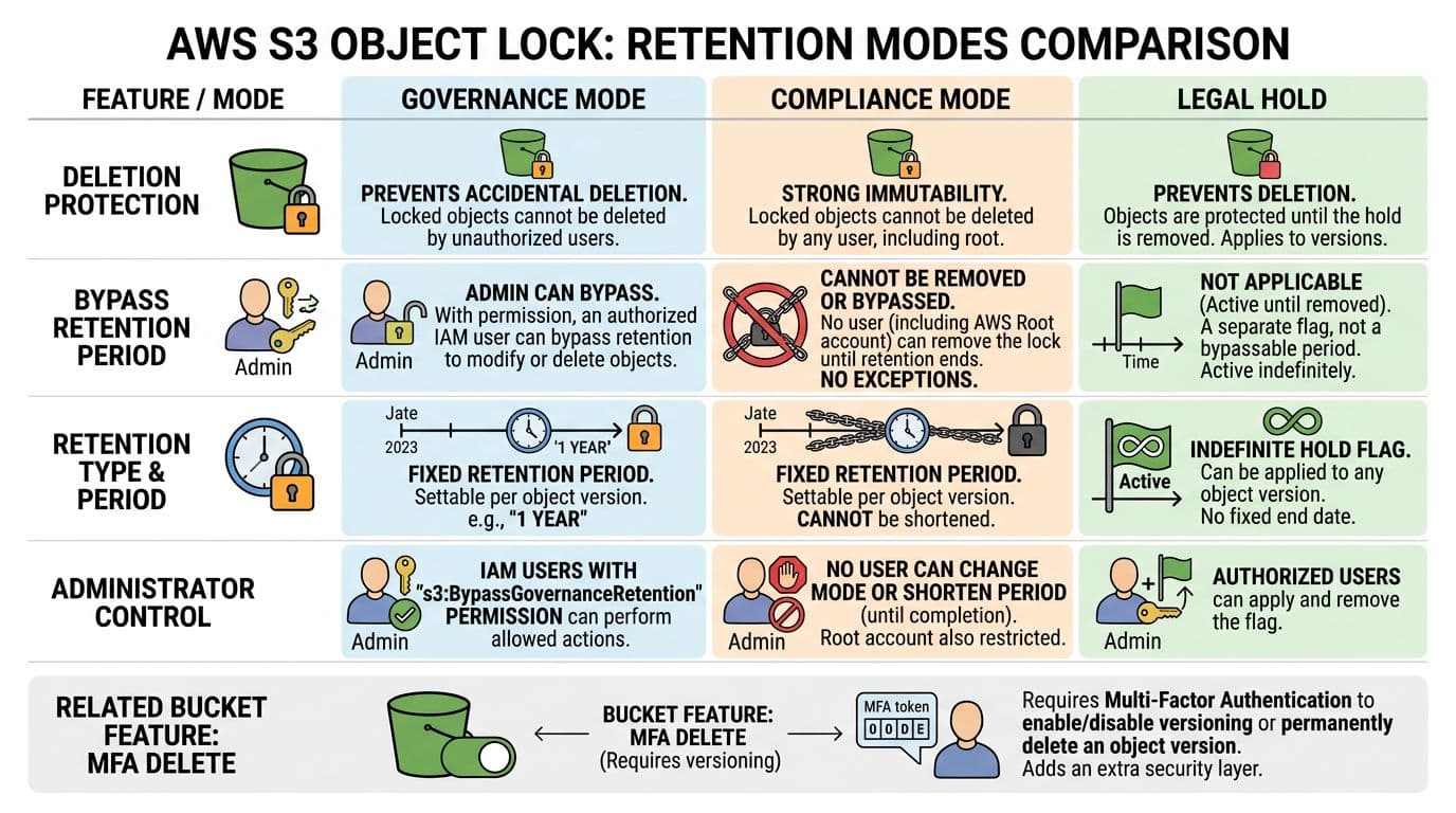 Clean vector diagram comparing AWS S3 Object Lock retention modes: Governance (admin bypass possible), Compliance (no deletion until end), Legal Hold (indefinite), with MFA Delete toggle, icons, and highlights in AWS style on white background.