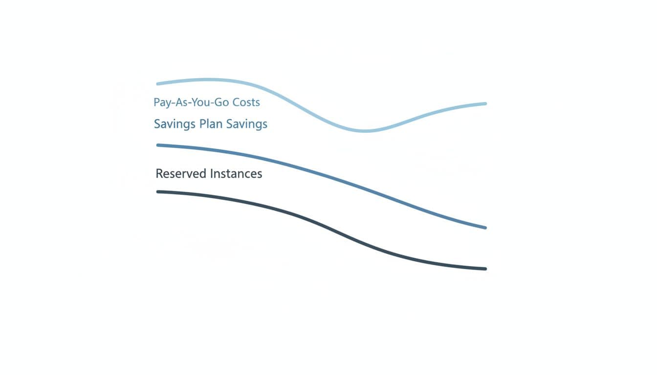 Azure Savings Plan vs Reserved VM Instances in 2026 2 Three curves on white background: highest steady pay-as-you-go line, middle Savings Plan decline, lowest steep Reserved Instances drop over three years.