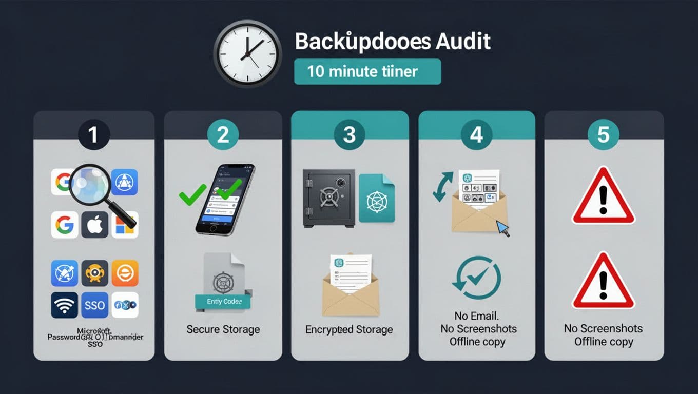 Clean modern cybersecurity infographic featuring a 10-minute timer and five flat vector step icons: account verification, code entry check, secure storage, code regeneration, and security warnings. Designed in dark navy, teal, and light gray with high contrast for print-friendly landscape format.