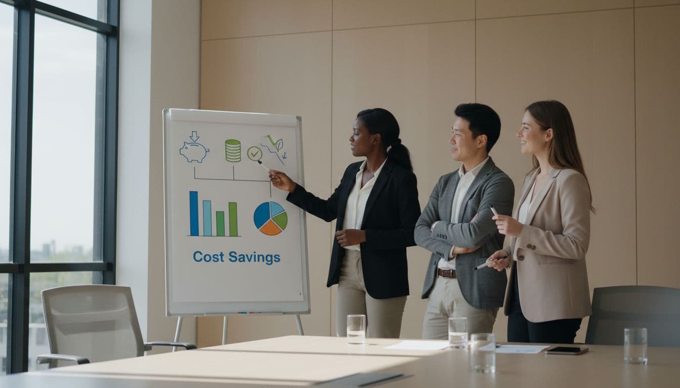 Microsoft 365 E5 vs E3 Cost in 2026: A Security Buyer's View 3 Three diverse professionals in a modern conference room discuss charts and cost savings icons on a whiteboard with natural daylight.