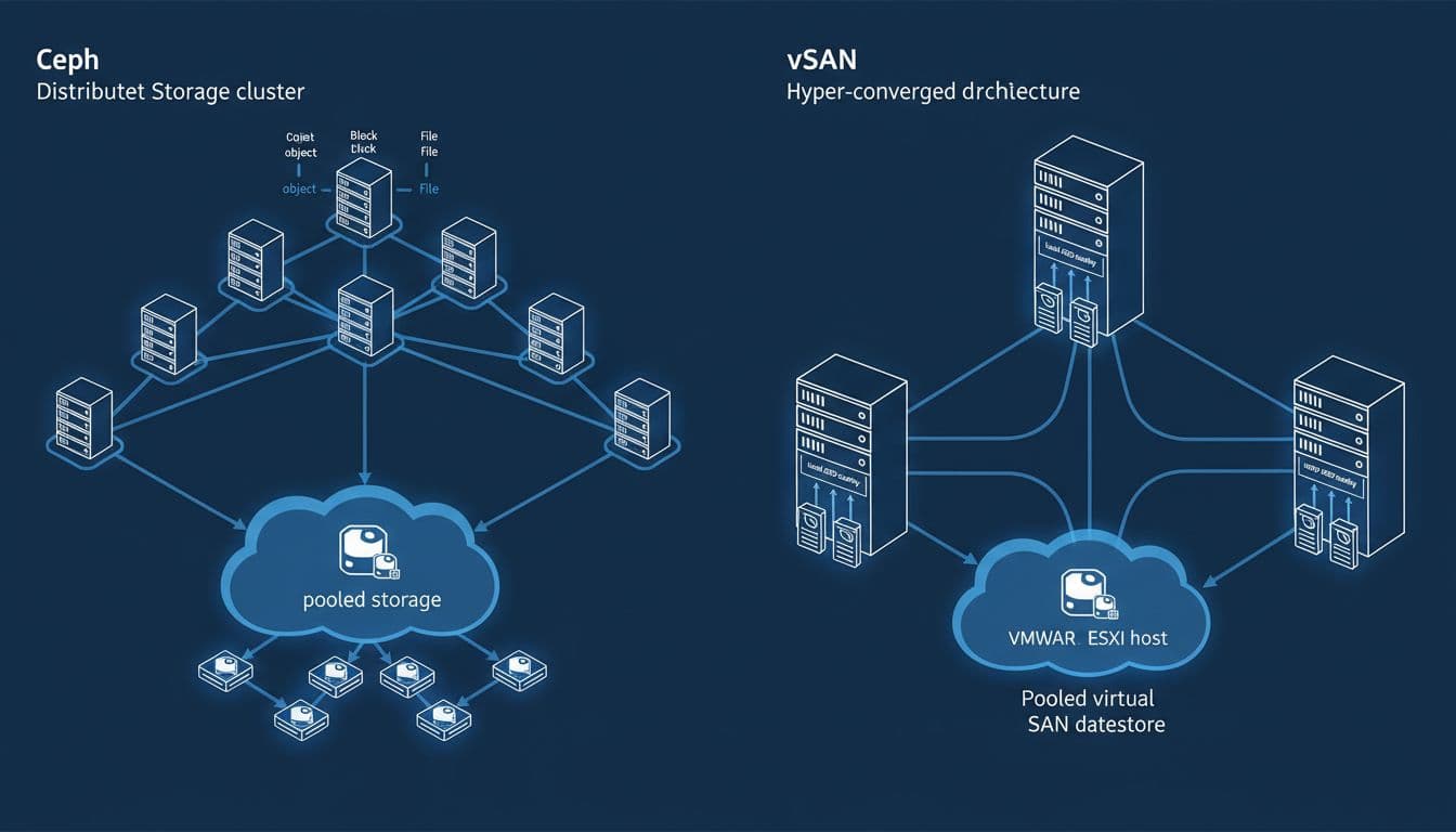 Side-by-side blueprint shows Ceph distributed cluster with networked servers on left and vSAN hyper-converged ESXi nodes pooling local disks on right.
