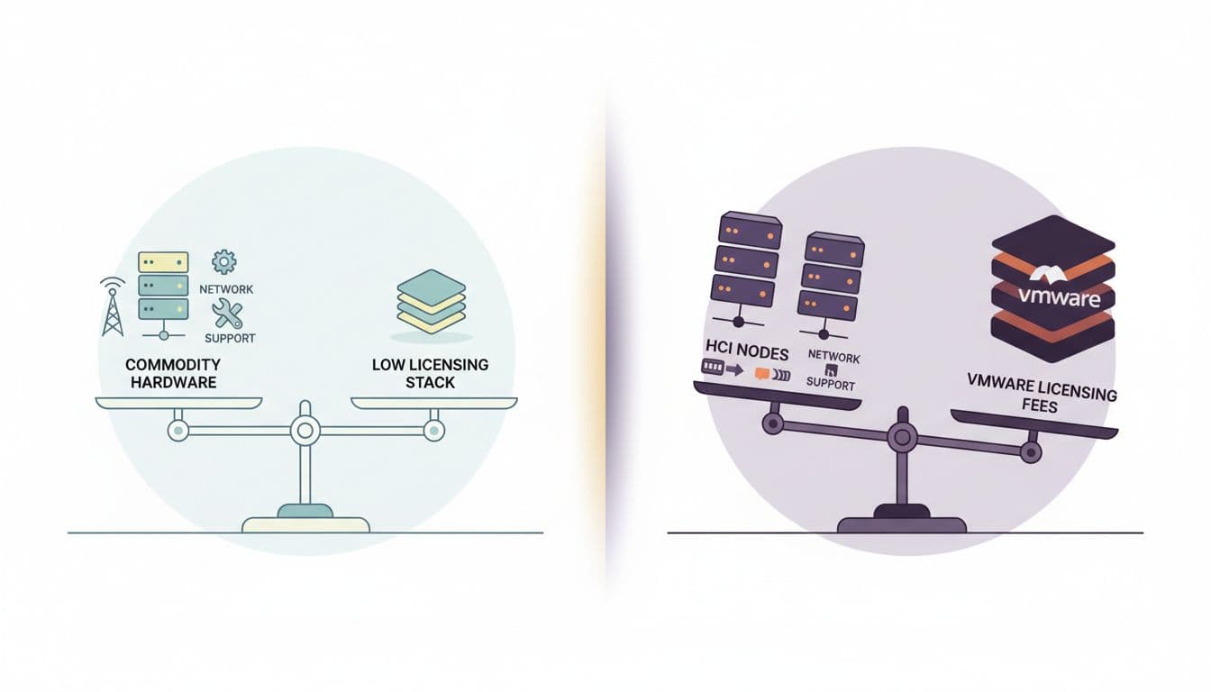 Split-view illustration with balanced light Ceph hardware scale left and heavy tipping vSAN scale right, surrounded by hardware icons.