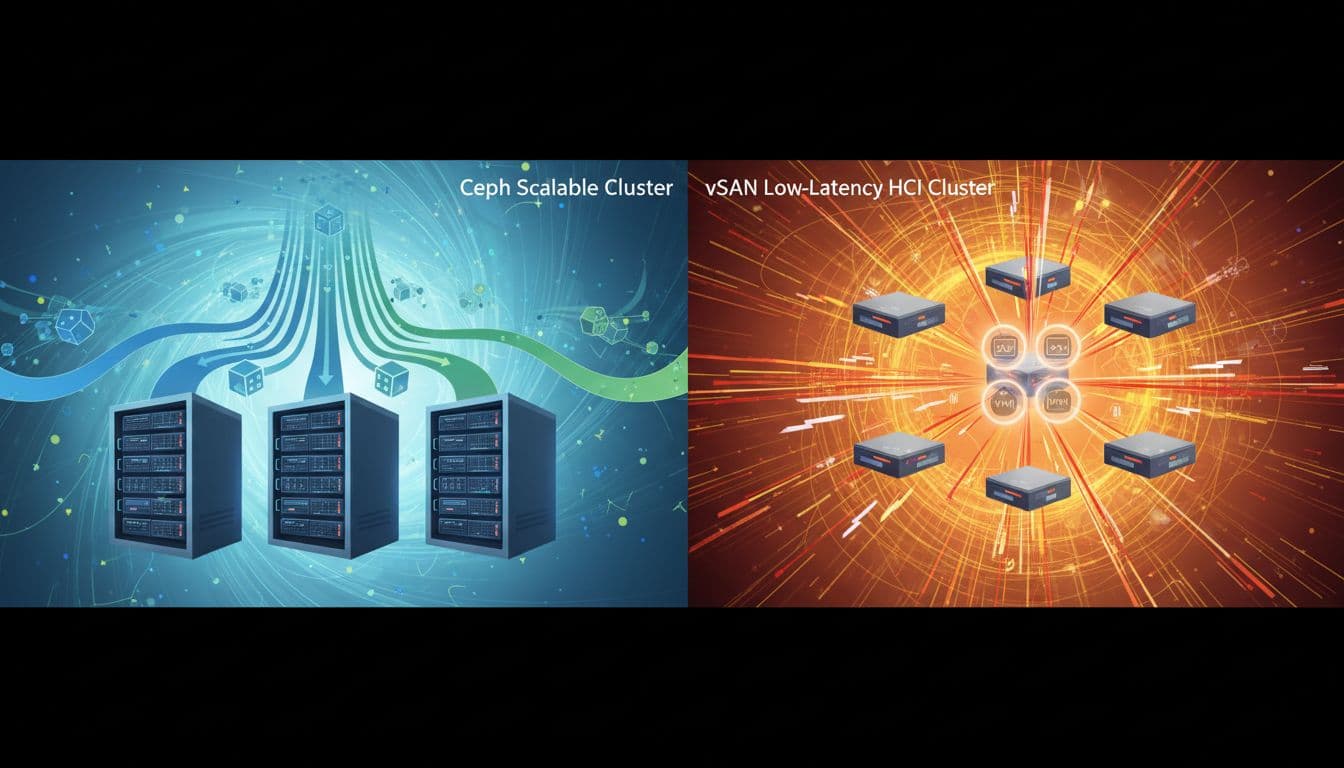 Left side depicts scalable Ceph cluster across racks with expanding arrows and data flows; right side shows compact vSAN HCI cluster with low-latency paths and speed lines.