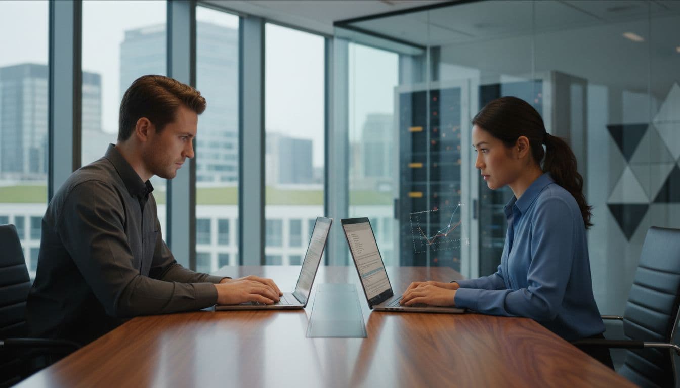 OpenTofu Vs Terraform in 2026 for Regulated Enterprise Teams 1 Professional enterprise team of two cloud architects in a modern secure office reviewing infrastructure as code on dual laptops, with subtle comparison charts visible on screens at an angle, focused expressions, and natural daylight lighting.