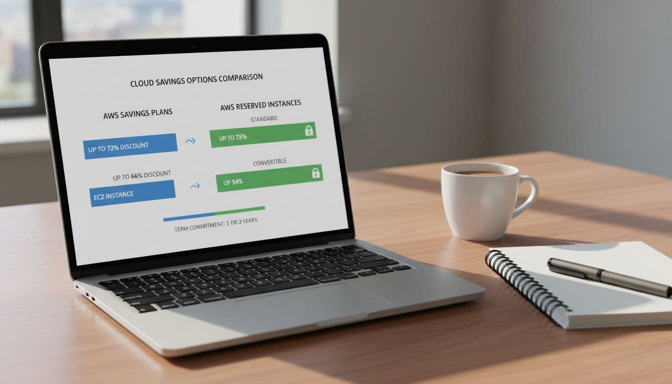 Laptop on office desk shows cloud cost dashboard with side-by-side bar charts comparing AWS Savings Plans and Reserved Instances, notebook and coffee mug nearby.