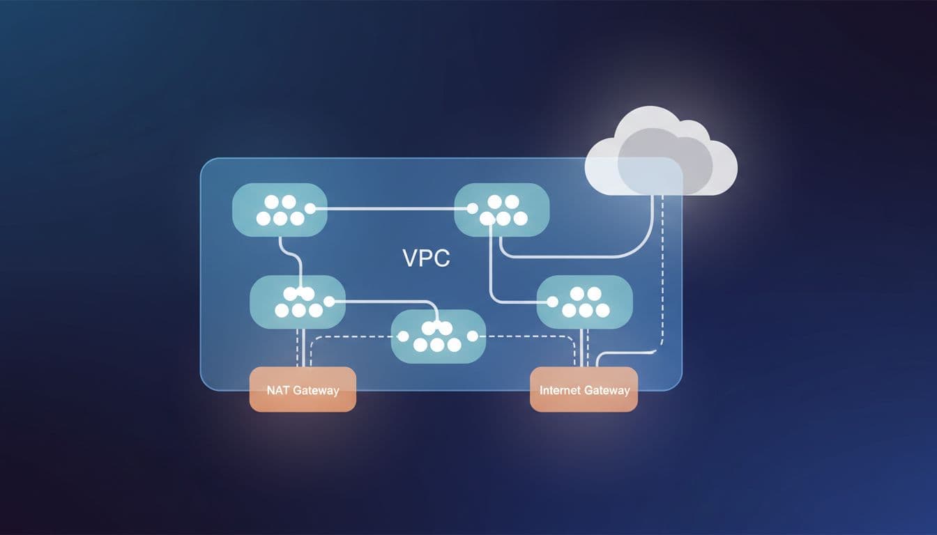 An abstract visualization showing interconnected network nodes, subnets, and gateways within a cloud infrastructure system.