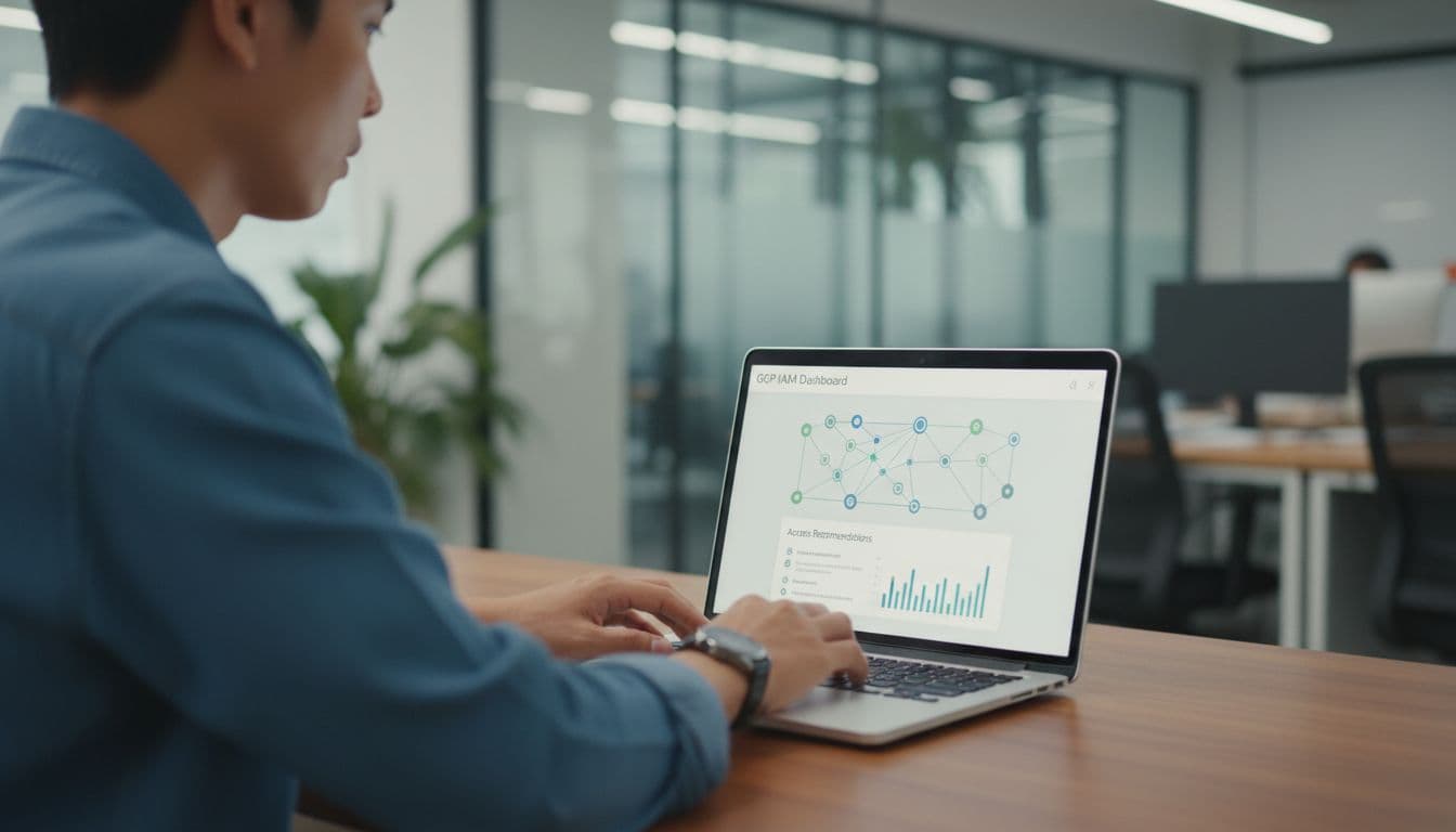 GCP IAM Recommender Reality Check And 2026 Audit Checklist 1 A focused cloud security engineer at a desk in a modern office reviews the GCP IAM dashboard on a laptop screen displaying access recommendations, with hands resting nearby and soft office lighting.