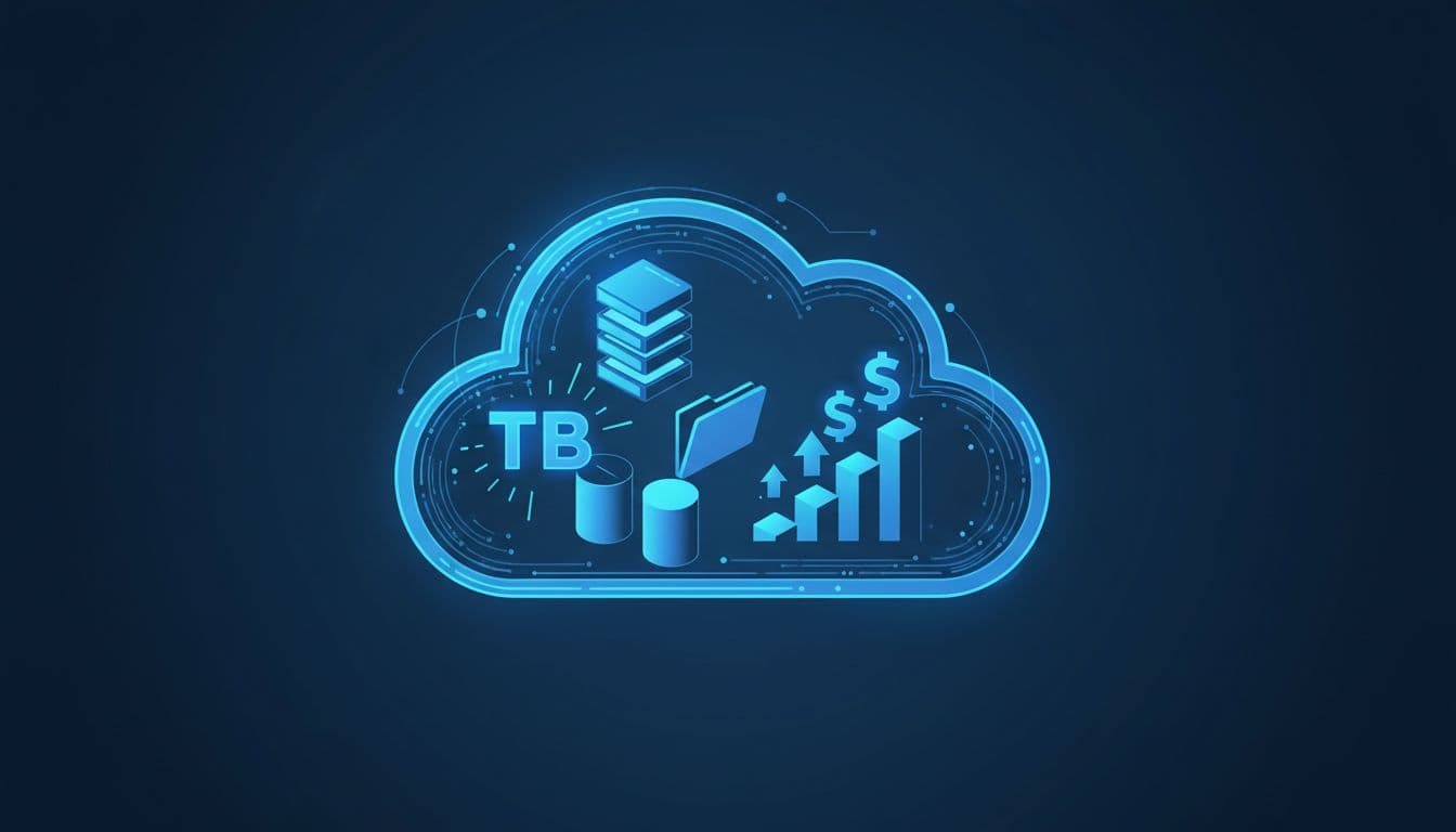 Stacked compressed files and folders in glowing blue cloud with TB storage and cost icons.