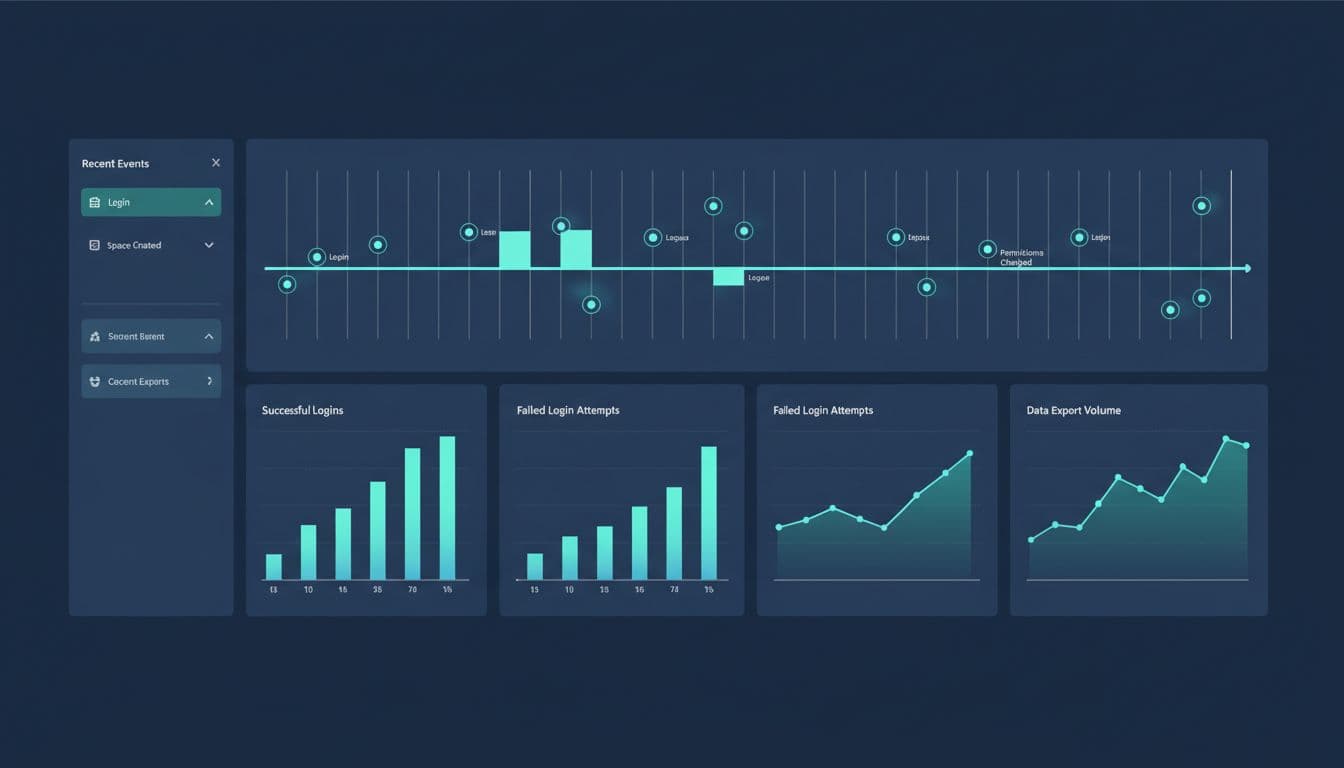 Simple audit logs monitoring dashboard visualization for Atlassian Confluence Cloud featuring a timeline graph of security events in modern blue teal colors. Professional illustration with focused composition, no people, no text or watermarks.