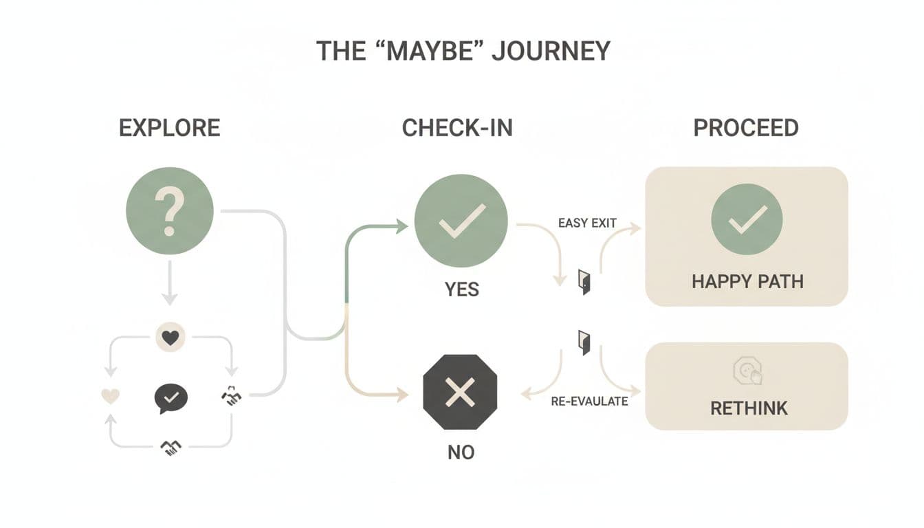 Modern infographic-style illustration of the 'Maybe' process for couples, featuring a flowchart with trial steps, check-ins, yes/no branches, and easy exits in soft neutral colors emphasizing consent.