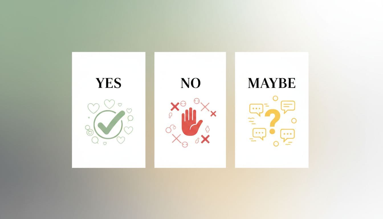 Modern infographic worksheet for couples with Yes, No, and Maybe columns featuring subtle icons like checkmarks, stop hands, and question marks on a calming sage green and beige gradient background.