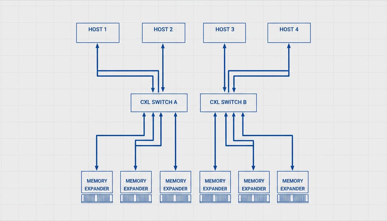 Technical blueprint-style diagram illustrating 4 servers connected via 2 CXL switches to 8 shared memory devices in a data center rack.
