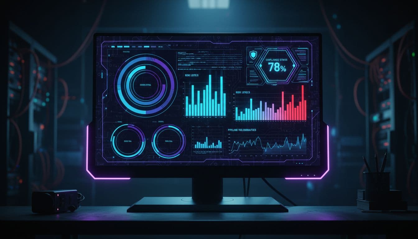 Security dashboard screen showing GitLab CI pipeline vulnerabilities with charts, graphs, scan results, risk levels, and compliance status on a computer monitor in a dimly lit ops room, cyberpunk style with neon accents.