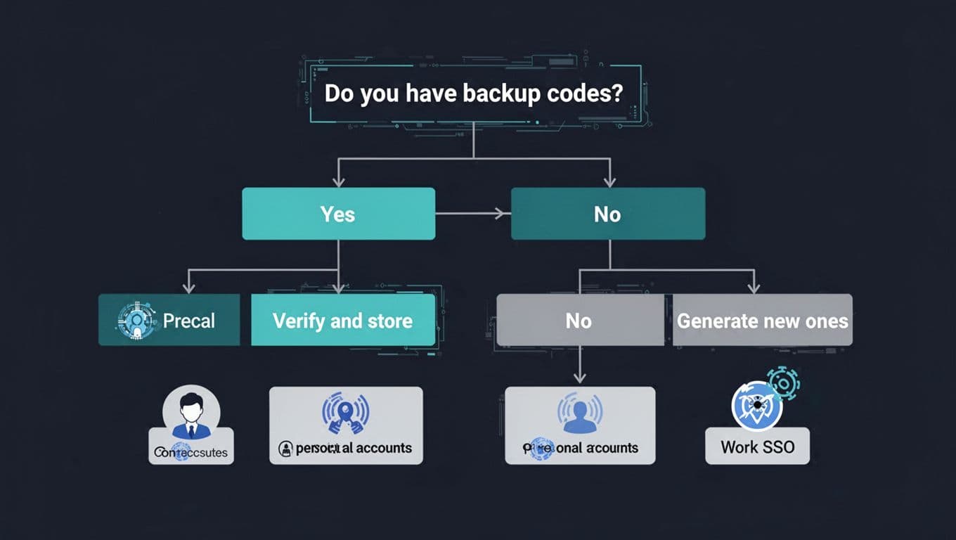 Clean flat vector illustration in cybersecurity theme depicting a decision tree for backup codes audit, starting with 'Do you have backup codes?' and branching to verify/store for yes or generate new for no, with paths for personal accounts and work SSO.