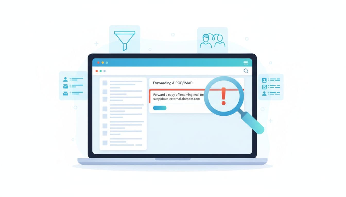 A modern flat vector illustration depicting a cybersecurity email account audit, featuring a laptop screen with a suspicious auto-forwarding rule highlighted under a magnifying glass.