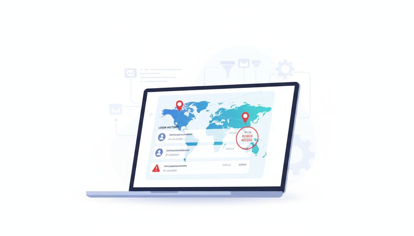 A clean, modern flat vector illustration showing a laptop screen displaying recent email logins with unusual IP locations marked on a world map overlay during an account audit, featuring a highlighted warning for rogue access.