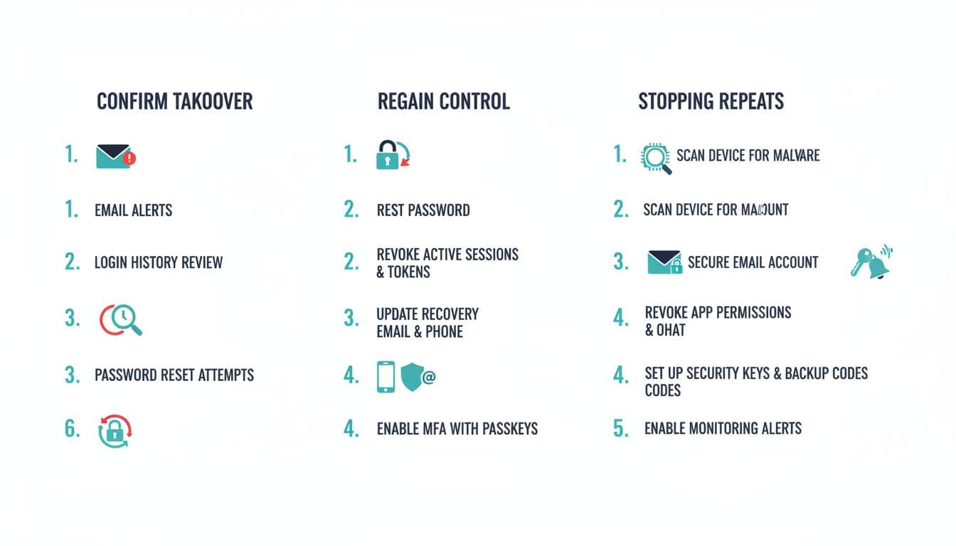Modern cybersecurity infographic in 3 columns detailing steps to confirm account takeover, regain control via password reset and MFA, and prevent repeats by scanning for malware and enabling alerts.