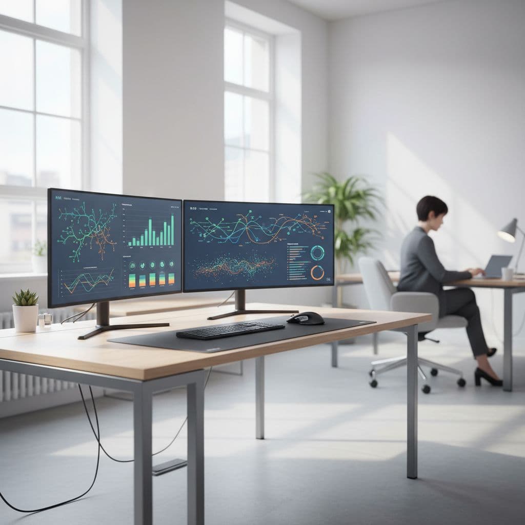 Microsoft Purview Pricing in 2026 for Compliance and Insider Risk Teams 1 A minimalist office desk features dual monitors displaying complex data charts and graphs under soft lighting.