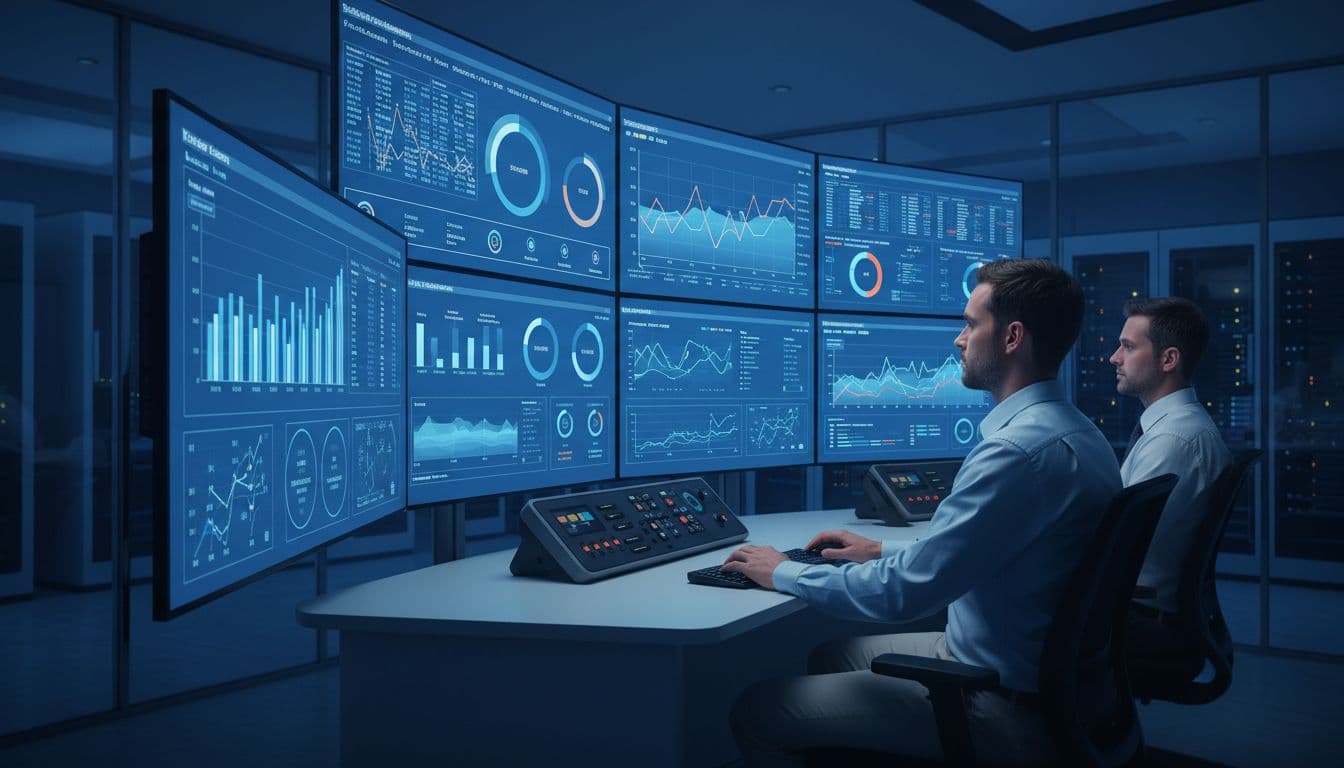 Two analysts in modern control room monitor virtual warehouses on large screens with usage graphs and metrics.