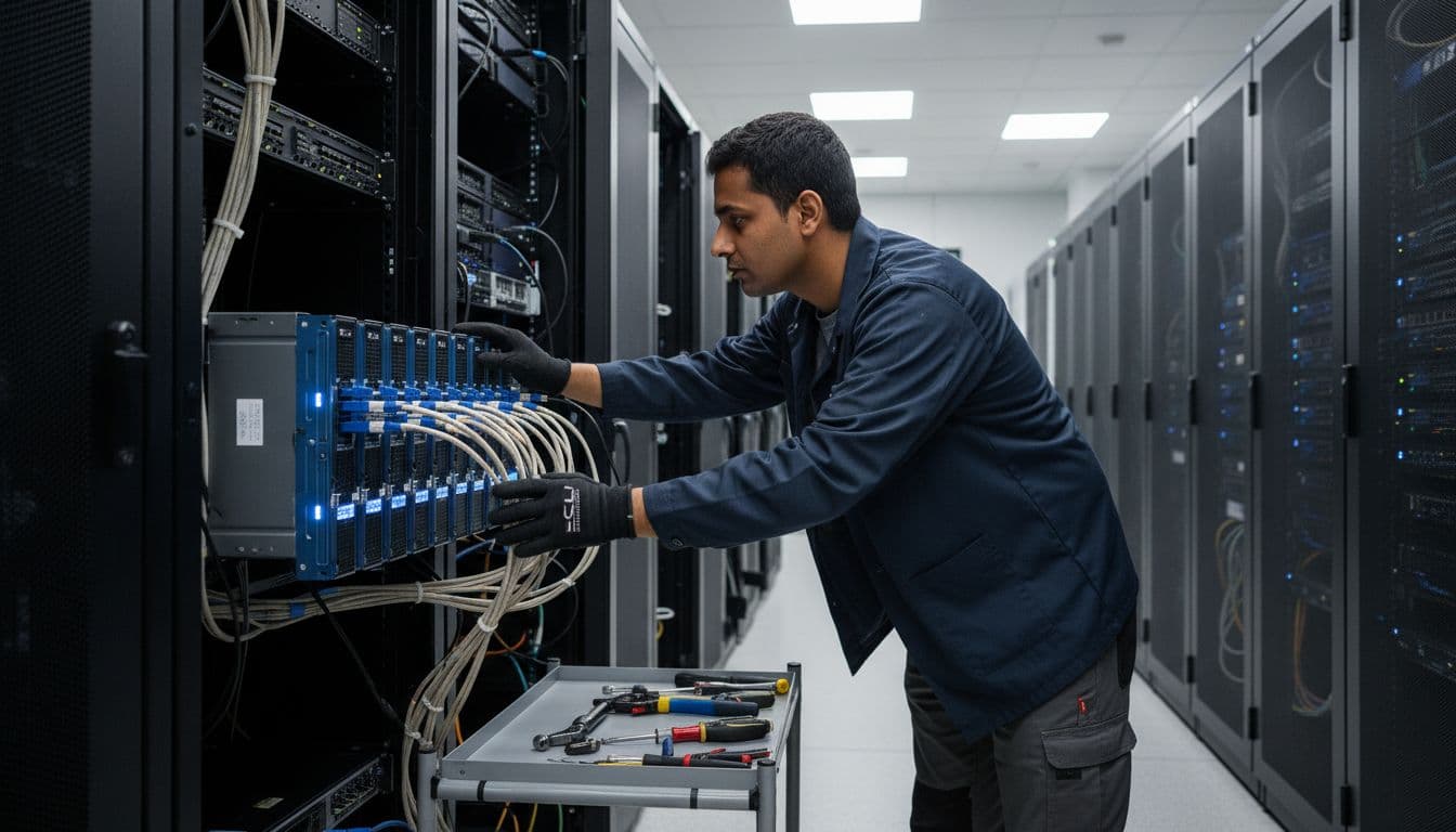 A data center engineer in work attire examines a server rack featuring CXL-connected memory expansion devices in a modern enterprise environment, with tools nearby, soft overhead lighting, and focus on hardware connections.